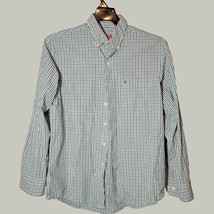 Izod Button Mens Down Shirt Medium Long Sleeve Green White Blue - £11.11 GBP