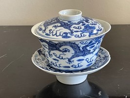Antique Chinese Xianfeng Mark Porcelain Dragon Design Covered Tea Bowl &amp; Saucer - £793.02 GBP