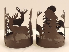 Set of 2 Deer &amp; Tree Themed Rustic Round Black Metal Die Cut Candleholder Nature - £24.46 GBP