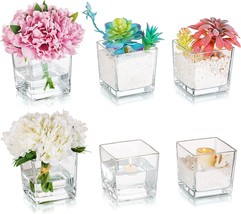 Hewory Sq. Glass Vases, Set Of 6, 5&quot;X5&quot; Clear Cube Flower Vase Candle Holders - £47.10 GBP