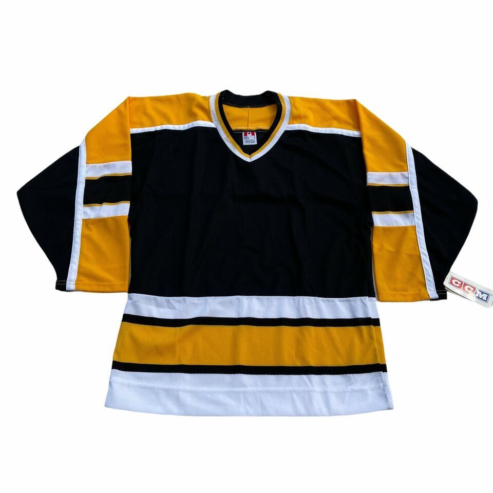 NEW Vintage CCM Hockey Jersey Mens S Black Yellow White Striped V Neck A... - $29.69