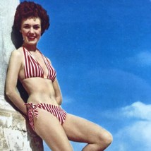 Beach Girl 1950s Vintage Postcard Summer Fashion Red White Striped Bikini - £7.93 GBP