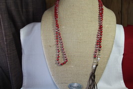 Plunder Necklace (New) Red Beaded Lariat Necklace w/ Leather Tassels 55&quot; Adj - £19.65 GBP