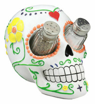 Day of The Dead Tattoo White Sugar Skull Salt And Pepper Shakers Holder Figurine - £21.34 GBP