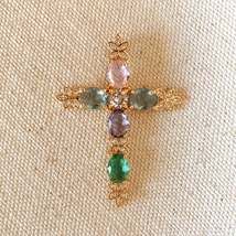 18k Gold Filled Victorian Cross Pendant Featuring Colorful Cubic Zirconia Settin - £17.50 GBP