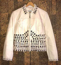 New Women White Full Black Round Studded Embellished Punk Biker Leather Jacket - £281.48 GBP