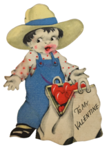 Gibson Cinti Vintage Valentines Day Card Bag of Hearts Cowboy Hat Farmer 1940s - £7.89 GBP