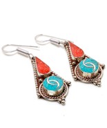 Tibetan Turquoise Coral Bohemian Handmade Jewelry Earrings Nepali 2.30&quot; ... - £7.16 GBP