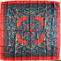 Scarf Square Paisley Red Turquoise Blue Mustard Yellow White Polyester 30x30in - £13.48 GBP