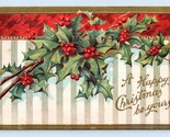 Merry Christmas Agrifoglio Muro Carta Sfondo Emboosed 1909 DB Cartolina D17 - $4.04