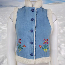 Vtg Sherpa Lined Vest Girls 14 Large Denim Embroidered 70s Hippie Sears ... - $23.98