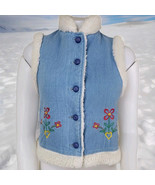 Vtg Sherpa Lined Vest Girls 14 Large Denim Embroidered 70s Hippie Sears ... - $23.98