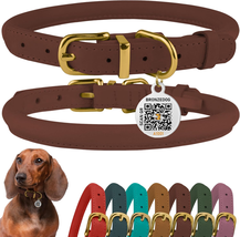 Rolled Leather Dog Collar with QR ID Tag Adjustable Soft round Collar - $34.64