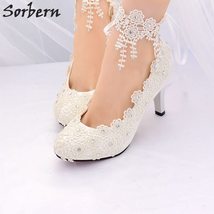 White Bridal Wedding Shoes Pumps Women Shoes Lace Applique Crystal Real Image Sh - £82.44 GBP