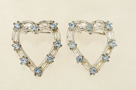 Vintage Costume Jewelry 1950s Era Silver Tone Blue Rhinestones Heart Brooch Pins - £16.06 GBP