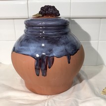 Art Pottery Blue Drip Glaze Terra Cotta Pottery Canister Purple Grapes, 8” X 8” - £8.34 GBP