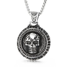 Round Skull Ghost Medal Pendant Necklace Men Stainless Steel Punk Jewelr... - £15.49 GBP