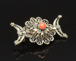 925 Silver - Vintage Beaded Coral Flower &amp; Crescent Moon Brooch Pin - BP9643 - £30.19 GBP