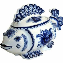 Russian Large Covered Caviar Server Blue White Porcelain Gzhel Fish Soup... - $489.99