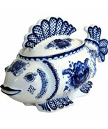 Russian Large Covered Caviar Server Blue White Porcelain Gzhel Fish Soup Tureen - $489.99