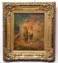 Genre scene Little brawlers 19C oil painting Austrian master Defregger - £3,632.39 GBP