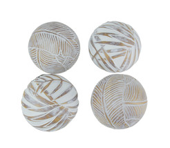 Whitewashed Tropical Leaf Wood Look Decor Balls Set of 4 - £34.24 GBP