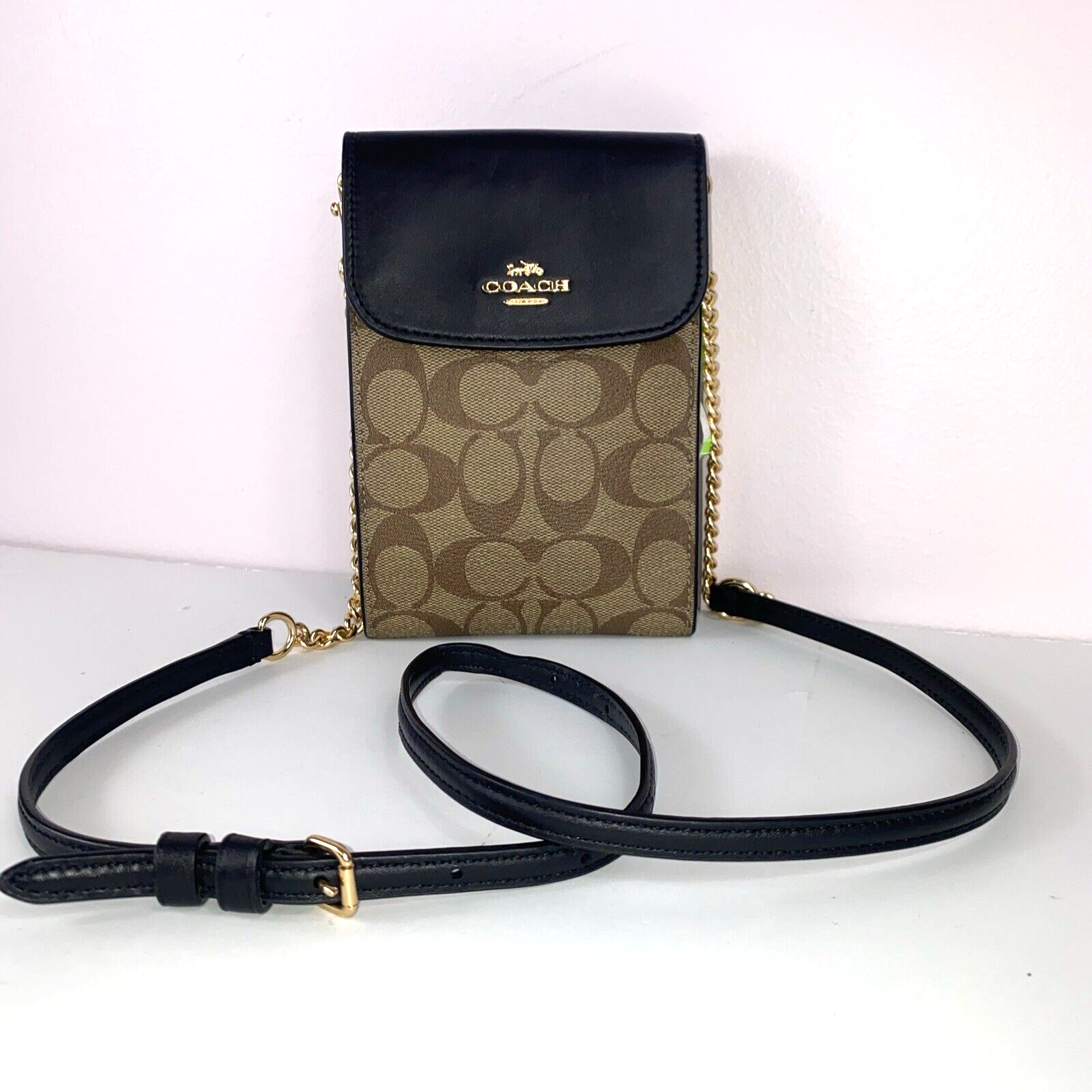 Primary image for Coach Signature Phone Crossbody Bag Rachael Brown Canvas Black Leather 3051 B21