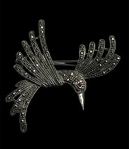 Sparkly 925 Silver Vintage Marcasite Humming Bird Pin w/ Ruby Stone for the Eye - £76.12 GBP