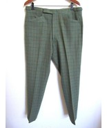 Vtg 70s Men&#39;s Slacks Pants Green Wool Windowpane Plaid 37&quot;w Esquire Spor... - £97.42 GBP