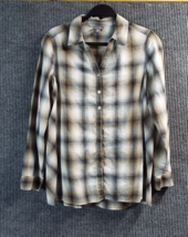 VTG J Jill Shirt Womens Medium Brown Plaid Blouse V-Neck Rolled Sleeves Button - £12.17 GBP