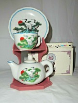 Tea Set Red Crowned Crain 5PC Porcelain Miniature Transferware Platform Vintage - £11.15 GBP