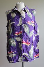 Vtg 90s Madison Ave L Purple Hawaiian Floral Linen Cotton Bird Paradise Tank Top - £15.54 GBP