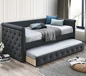Button Tufted Day Bed With Trundle, Charcoal - £553.76 GBP