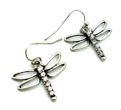 Antiqued Silver Tone Rhinestone Dragonfly Earrings - £9.57 GBP