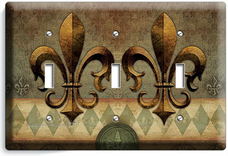 RUSTIC FLEUR DE LIS MEDIEVAL FLOWER 3 GANG LIGHT SWITCH WALL PLATE ROOM HD DECOR