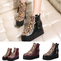 Ladies High Heel Martin Boot Leopard Zipper Wedges Shoes Buckle-Strap Ankle Boot - £55.94 GBP