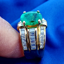 Earth mined Emerald Diamond Deco Engagement Ring Geometric Design Solitaire - $6,905.25