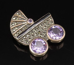 925 Silver - Vintage Amethyst &amp; Marcasite Baby Carriage Brooch Pin - BP1... - £50.07 GBP