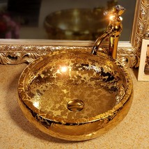 Gold Vessel Sinks Bowl Luxury Gold Glazed Ceramic Vanity Top Sink For Re... - £217.31 GBP