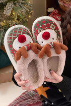 Dark Green Christmas Cartoon Reindeer Plush Home Slippers - $11.43