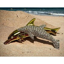 Swarovski Signed Double Dolphins Swimming Pin Brooch Gold Tone Rhinestones - £23.90 GBP