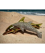 Swarovski Signed Double Dolphins Swimming Pin Brooch Gold Tone Rhinestones - £23.67 GBP