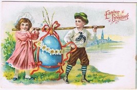Postcard Embossed Easter Greetings Boy Girl Carrying Egg On A Pole - £3.87 GBP