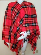 70s Wearable Stadium Blanket Poncho Fringe Red Tartan Plaid Blanket Washable USA - £23.24 GBP