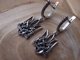 Ukrainian Tryzub Trident Silver Earrings with Cossack swords handcrafted in Ukra - £72.74 GBP