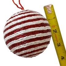 Hand Beaded Christmas Ornament Glass Bugle Beads All Around Red White Vintage  - £15.81 GBP