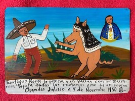 Mexican Folk Art Man Dances With Beloved Pet Pig Painted Ex Voto Retablo - £29.89 GBP