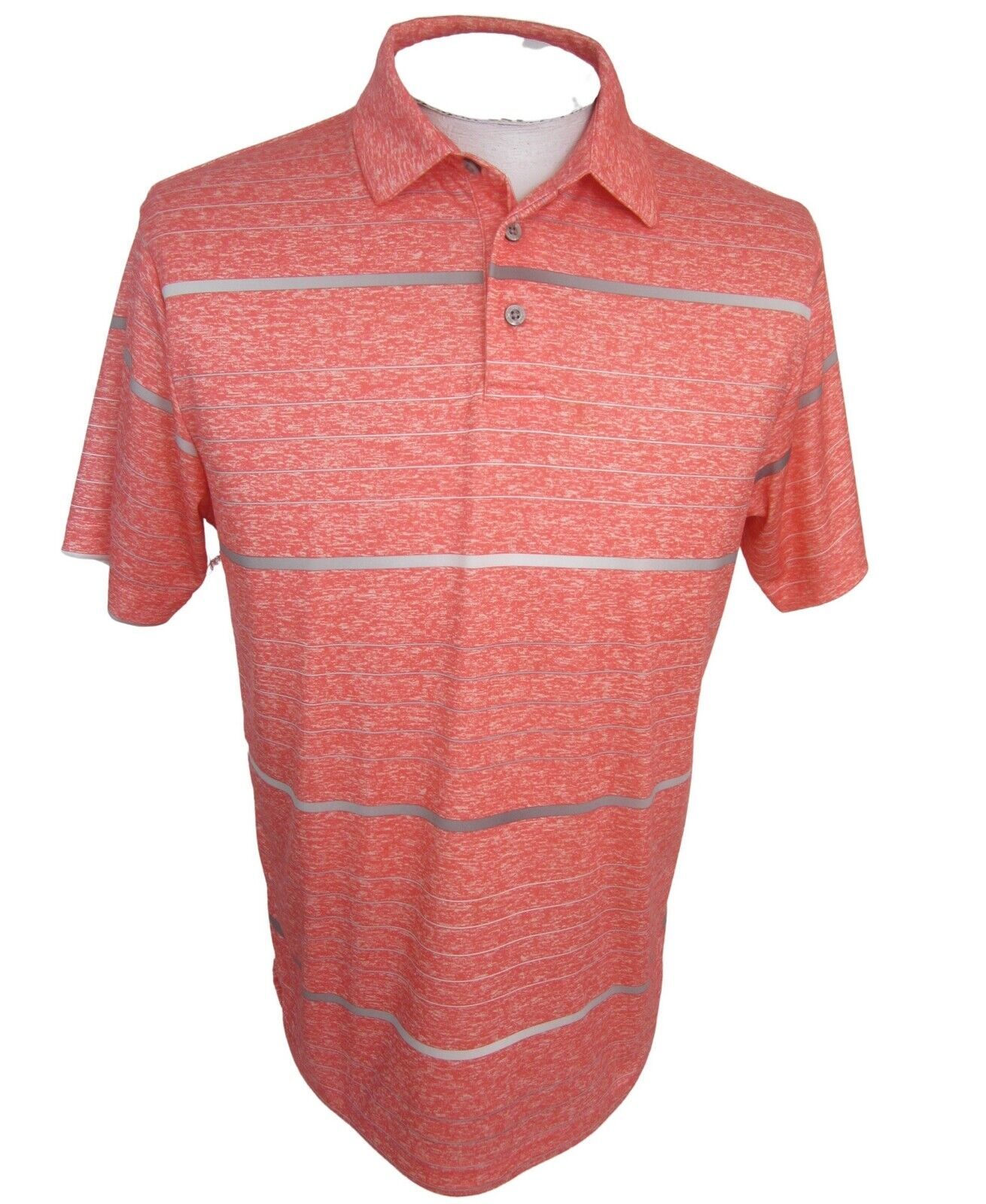 Primary image for PGA Tour Men Polo golf shirt pit to pit 22 M salmon pink gray stripe polyester