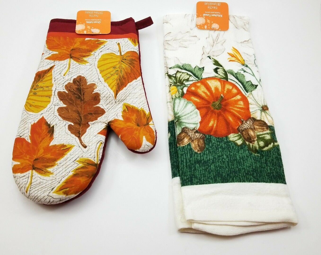 Kitchen Oven Mit &amp; Dish Towel w/ Pumkims Set Fall Autumn Leaves New - $10.34