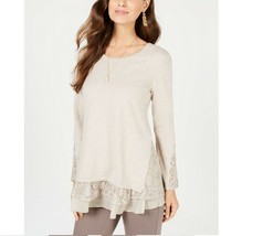 Style&amp;Co Women Petite Size PM Light Beige Long Sleeve Sweater Lace Hem Tunic NEW - £16.87 GBP